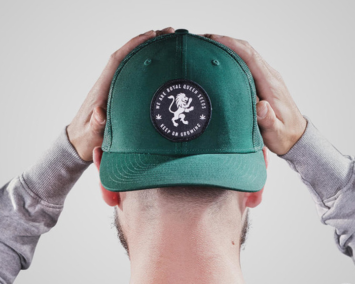RQS Trucker Hat Een persoon die een groene honkbalpet vasthoudt met een wit leeuwlogo en de woorden
