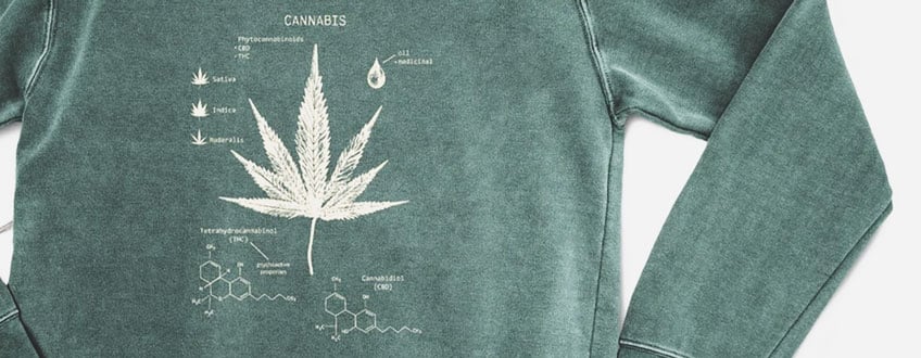 Cannabis Diagram Sweatshirt Een groene sweatshirt met een wit cannabisblad en chemische structuren erop gedrukt.
