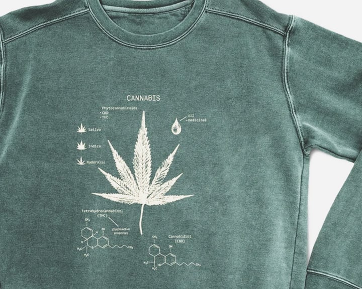 Cannabis Diagram Sweatshirt Een groene sweatshirt met een wit cannabisblad en chemische structuren erop gedrukt.