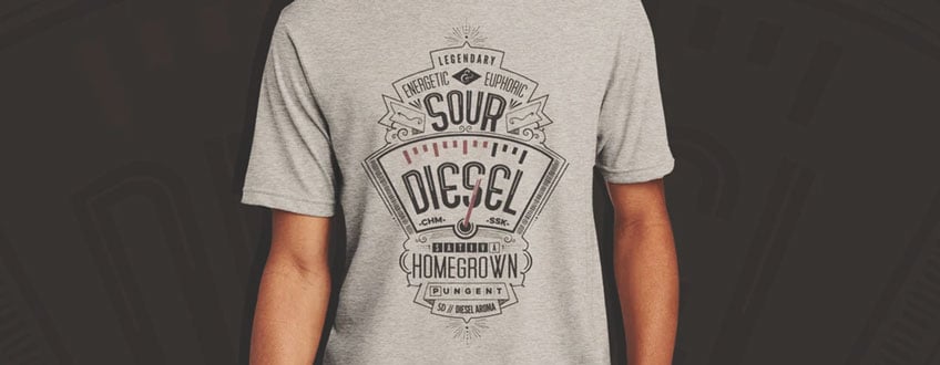 Sour Diesel T-Shirt Een grijs T-shirt met een vintage-stijl afbeelding van een brandstofmeter met de tekst