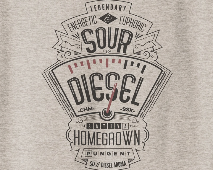 Sour Diesel T-Shirt Een grijs T-shirt met een vintage-stijl afbeelding van een brandstofmeter met de tekst