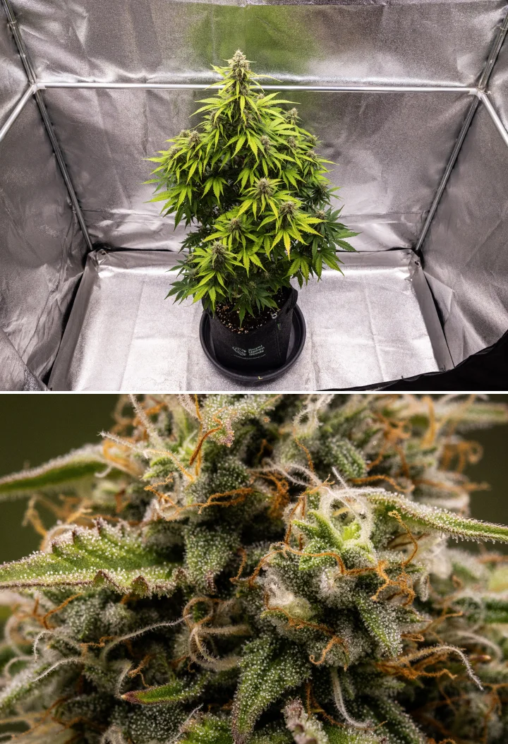 Atlas F1 grow report: week 8, oogstrijpe toppen Atlas F1 cannabisplant groeit in een stoffen pot tijdens week 8 van het grow report, met frosty rijpe toppen, dichte trichomenbedekking, oranje stampers en oogstrijpe bloeiontwikkeling.