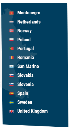 Austria, Belgium, Bosnia and Herzegovina, Bulgaria, Canada, Croatia, Cyprus, Czech Republic, Denmark, Estonia, Finland, France, Germany