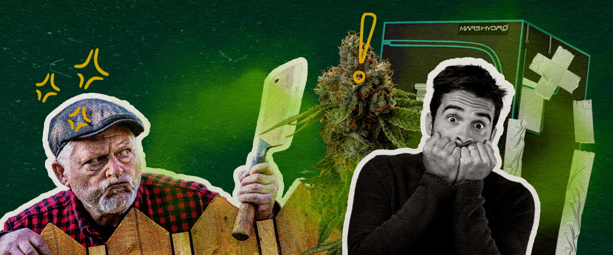 Een illustratie van cannabisbloemen met een growtent, een boze man met een bijl en een geschokte man, tegen een groene achtergrond, die veelgemaakte fouten benadrukt die de growtentgeur veroorzaken.