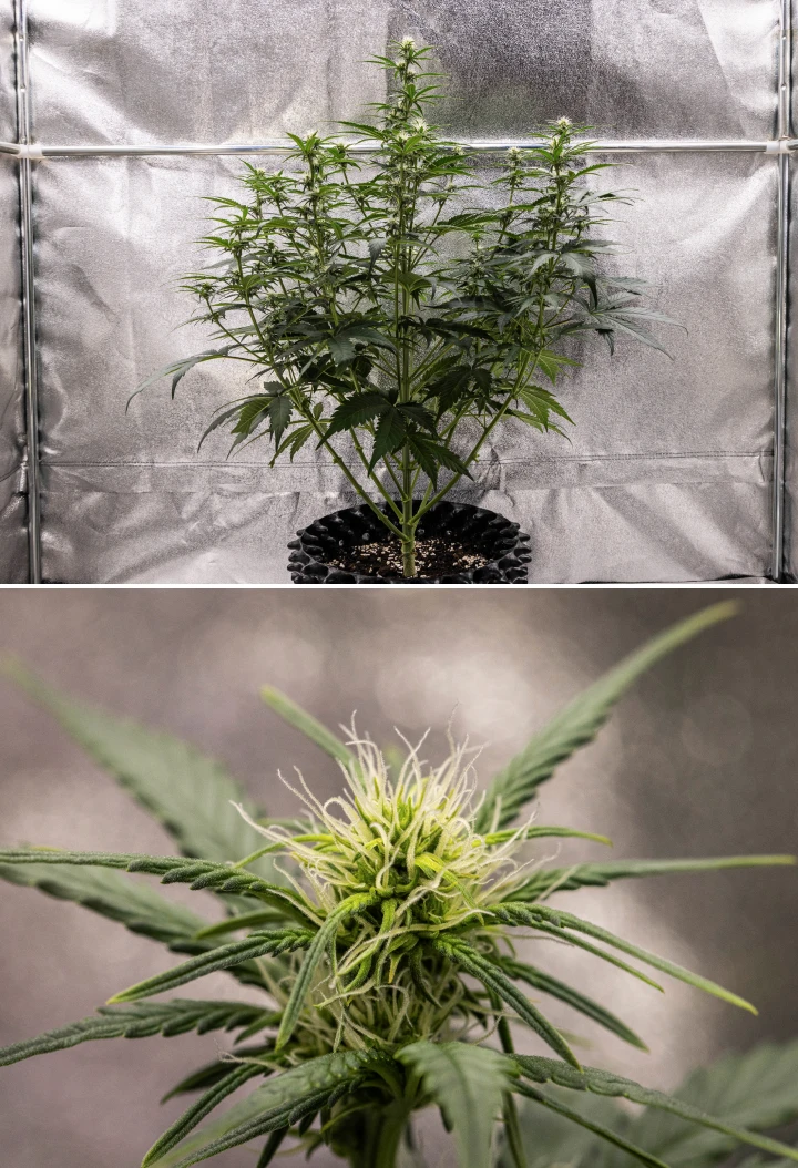 Cosmos F1 cannabisplant tijdens week 2 van de bloei, met vroege topvorming, gezond groen blad, een verticale takstructuur en ontwikkelende witte stampers tussen spruitdag 33 en 40.