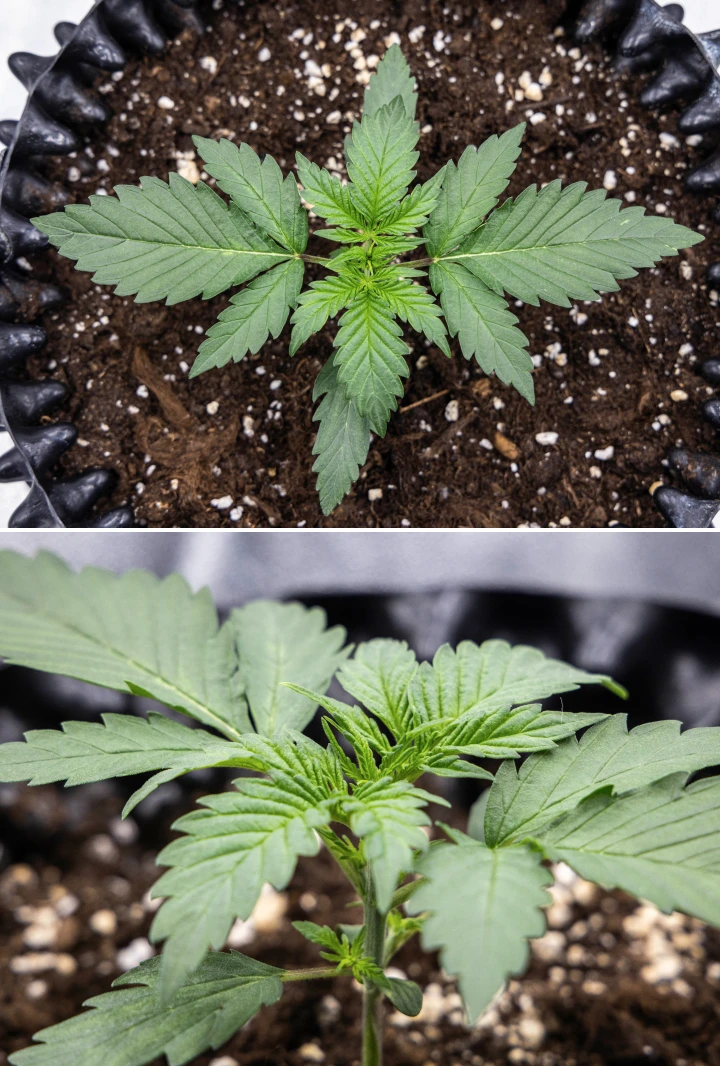 Cosmos F1 cannabisplant tijdens week 1 van de vegetatieve fase, met compacte rechtopgaande groei, gelijkmatige bladruimte en gezond vroeg blad tussen spruitdag 5 en 12.