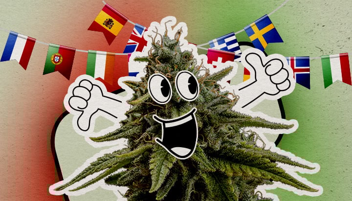 Culturele houding ten opzichte van cannabis in Europa Een vrolijke cartoon hennepplant met een grote glimlach en opgeheven duimen staat tegen een kleurrijke achtergrond. Europese vlaggen hangen erboven, wat een feestelijke sfeer geeft.