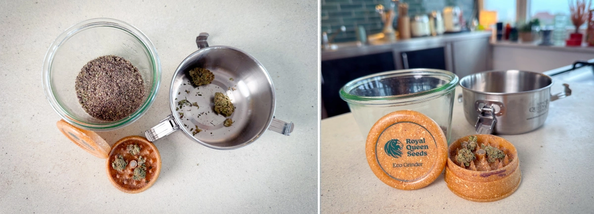 Cannabis voorbereiden op decarboxyleren Gemalen cannabis en toppen in een grinder, glazen pot en steelpan vóór het decarboxyleren.