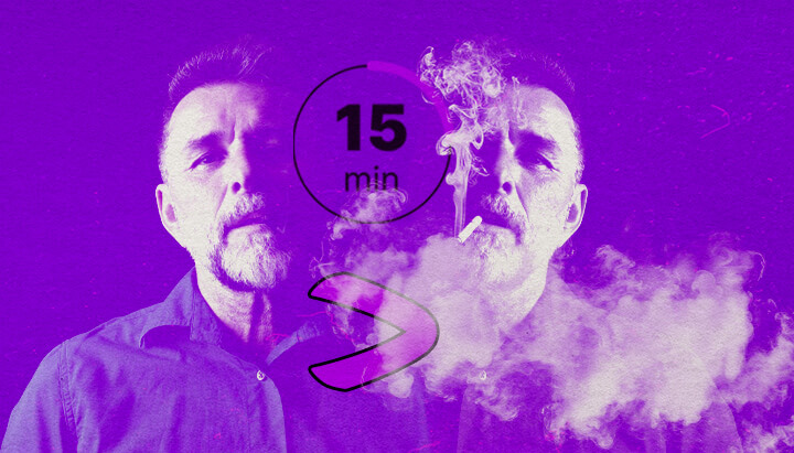 Granddaddy Purple Effecten en THC-Niveau Gids An artistic portrait of a bearded man smoking purple vapor, with a contemplative expression, symbolizing cannabis dosing methods, set against a vibrant abstract background.
