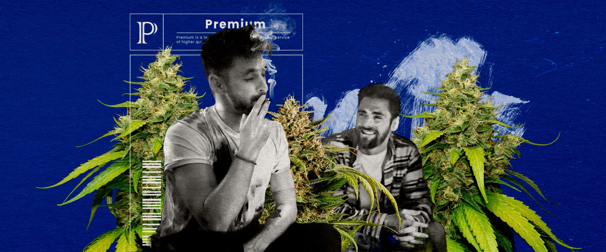 Effecten en Ervaring van Blue Gelato Cannabis Review Een illustratie van een Blue Gelato cannabisbloem met paarse tinten, omringd door een ontspannende en opwekkende aura, tegen een groene achtergrond, die de effecten en gebruikerservaring van de stam laat zien.