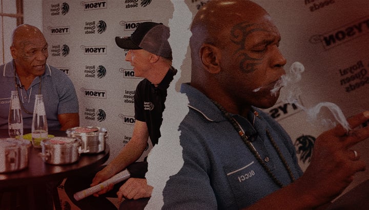 Mike Tyson en Royal Queen Seeds – Euforische gesprekken over cannabis Mike Tyson in gesprek en rokend met een vertegenwoordiger van Royal Queen Seeds, waarin hun samenwerking en euforische cannabis lifestyle centraal staan.