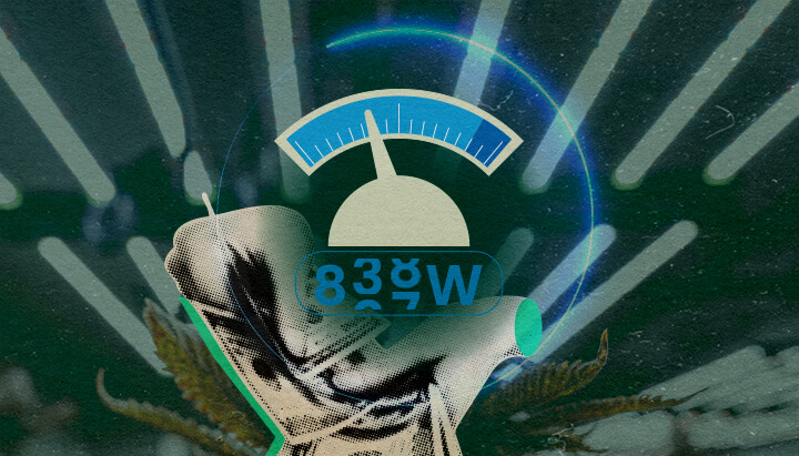 Hoeveel Elektriciteit Gebruiken LED-Groeilampen: Meter Afbeelding Futuristische meter met cannabisbladeren, toont het stroomverbruik van LED-groeilampen (100W-800W) voor zaailingen tot bloei op een donkergroene achtergrond, ideaal voor cannabis kweektips.