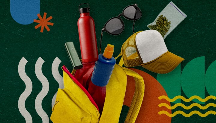 Een verzameling van essentiële items voor een cannabisvriendelijk festival, waaronder een gele rugzak, een rode waterfles, blauwe zonnebrandcrème, een zonnebril, een witte pet en een zakje cannabis, gerangschikt op een levendige groene achtergrond met kleurrijke geometrische vormen.