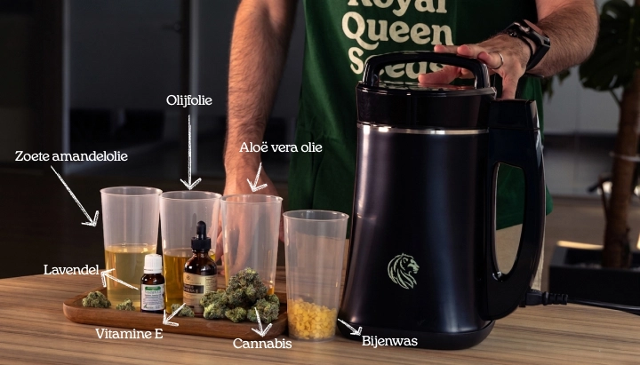 Ingrediënten voor cannabisbalsem met natuurlijke oliën en bijenwas