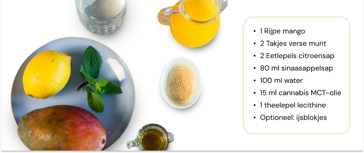 Ingrediënten voor een cannabis-smoothie met mango, citroen, munt, sinaasappelsap, water, cannabis-MCT-olie en lecithine, uitgestald op een witte achtergrond.