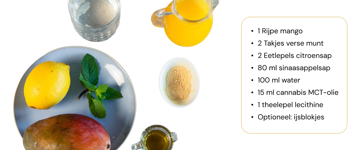 Ingrediënten voor een cannabis-smoothie met mango, citroen, munt, sinaasappelsap, water, cannabis-MCT-olie en lecithine, uitgestald op een witte achtergrond.
