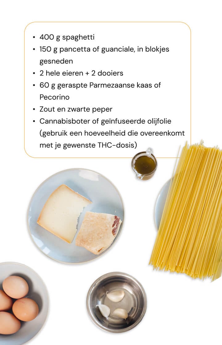 Ingrediënten voor een cannabis-geïnfuseerd spaghetti carbonara recept met pasta, eieren, pancetta, Parmezaanse kaas, knoflook en geïnfuseerde olijfolie