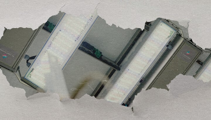 CRIC Labs Cannabis Verlichting en Controle Gids Een illustratie van een lichte kweekruimte van CRIC Labs met F1 cannabis-hybriden, met 1000 μmol PPFD verlichting, sensoren voor vochtigheid en temperatuur, en fertirrigatie met inert kweekmedium, tegen een groene achtergrond.