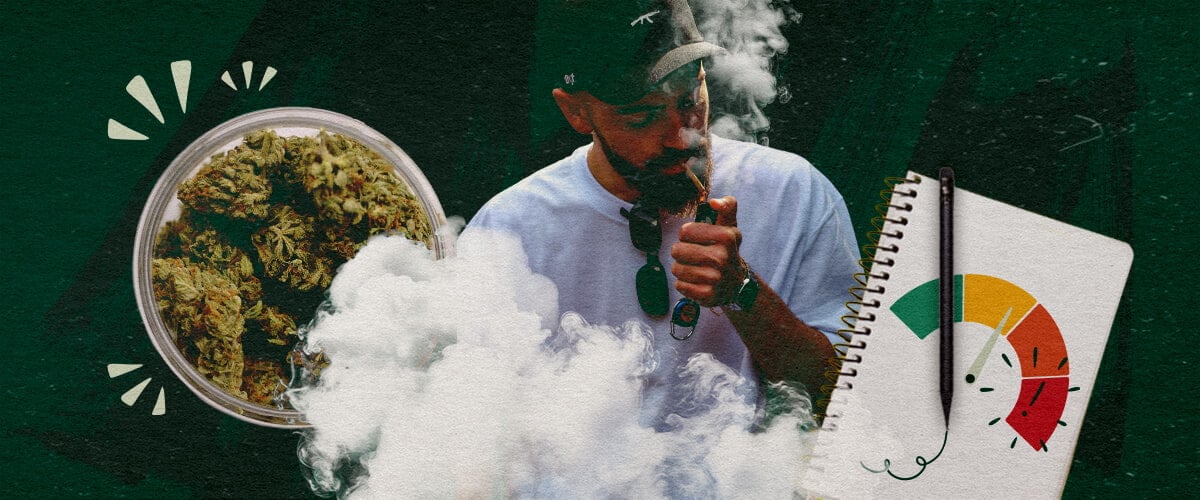 Het Monitoren van de Reactie van Uw Lichaam op Cannabis Man die cannabis verdampt met een pot wiettoppen en een meter die de monitoring van de lichaamsreactie illustreert.