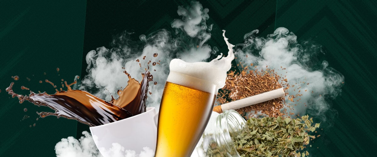 Ontdek de meest gebruikte psychoactieve stoffen: cafeïne, alcohol, nicotine en cannabis. Deze afbeelding benadrukt hun effecten en wijdverbreide gebruik wereldwijd. Leer over veelvoorkomende psychoactieve drugs.