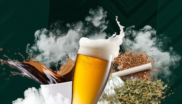 Ontdek de meest gebruikte psychoactieve stoffen: cafeïne, alcohol, nicotine en cannabis. Deze afbeelding benadrukt hun effecten en wijdverbreide gebruik wereldwijd. Leer over veelvoorkomende psychoactieve drugs.
