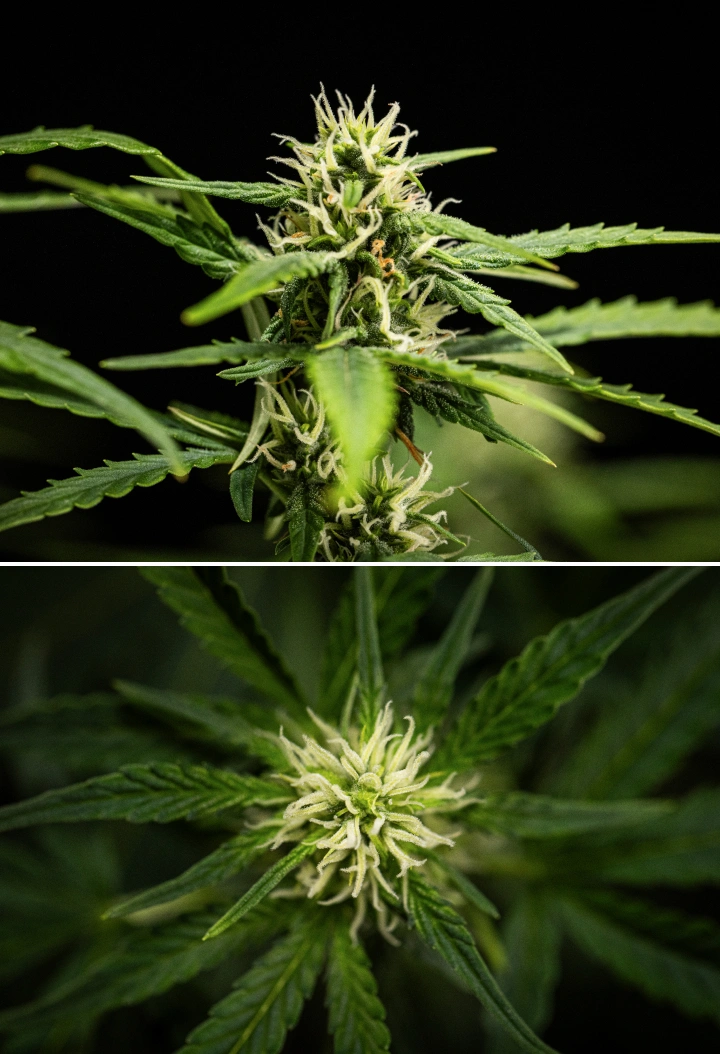 NYC Sour Diesel Auto cannabisplant in week 6 van de bloei, ongeveer 122 cm hoog, met tragere verticale groei, stevigere toppen, eerste harsontwikkeling en dichte bloemvorming onder ledlicht