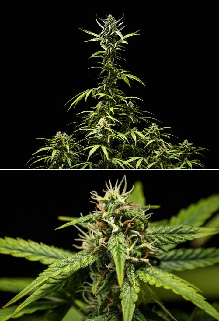 NYC Sour Diesel Auto cannabisplant in week 7 van de bloei met dichte kleverige toppen, verhoogde harsproductie, een hoofdcola dicht bij het licht, lichte verbleking van de bladeren en ondersteunde buigende takken