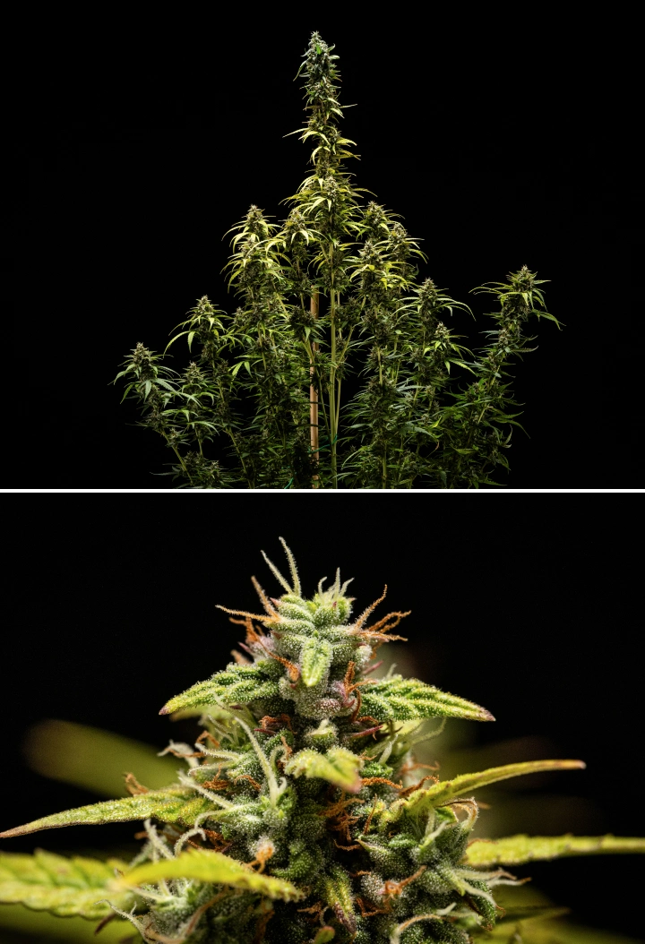 NYC Sour Diesel Auto cannabisplant in week 9 van de bloei bij de oogst, met grotendeels melkachtige trichomen, dichte toppen, een hoge structuur en lichte lichtstress op de topcola