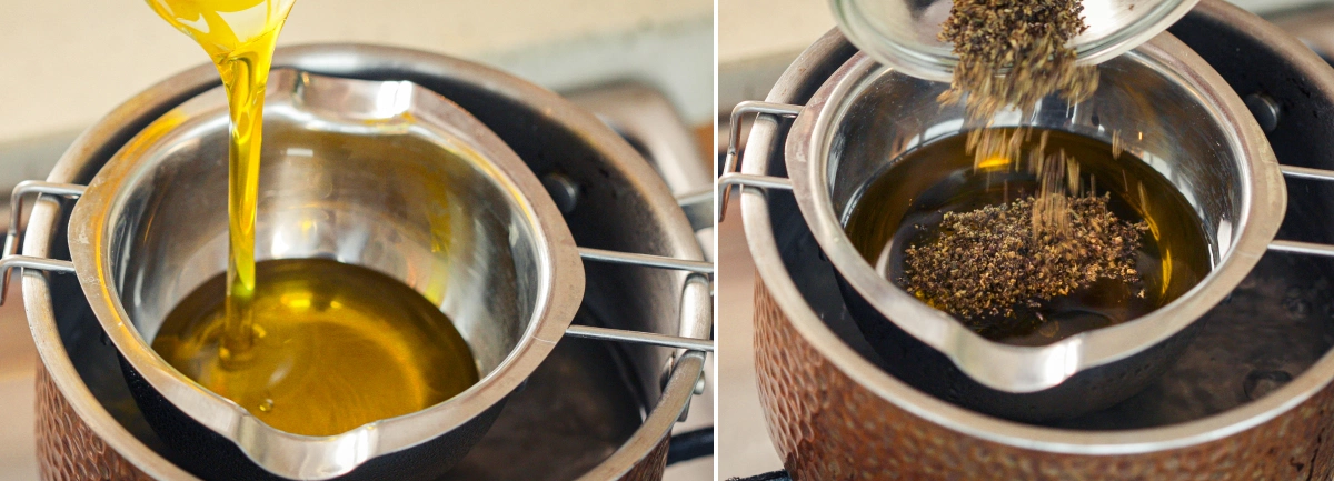 Olijfolie wordt au bain-marie verwarmd terwijl gedecarboxyleerde cannabis wordt toegevoegd voor extractie.