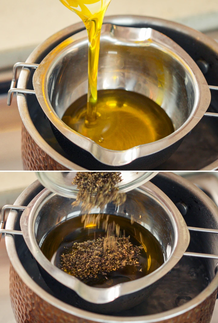 Olijfolie wordt au bain-marie verwarmd terwijl gedecarboxyleerde cannabis wordt toegevoegd voor extractie.