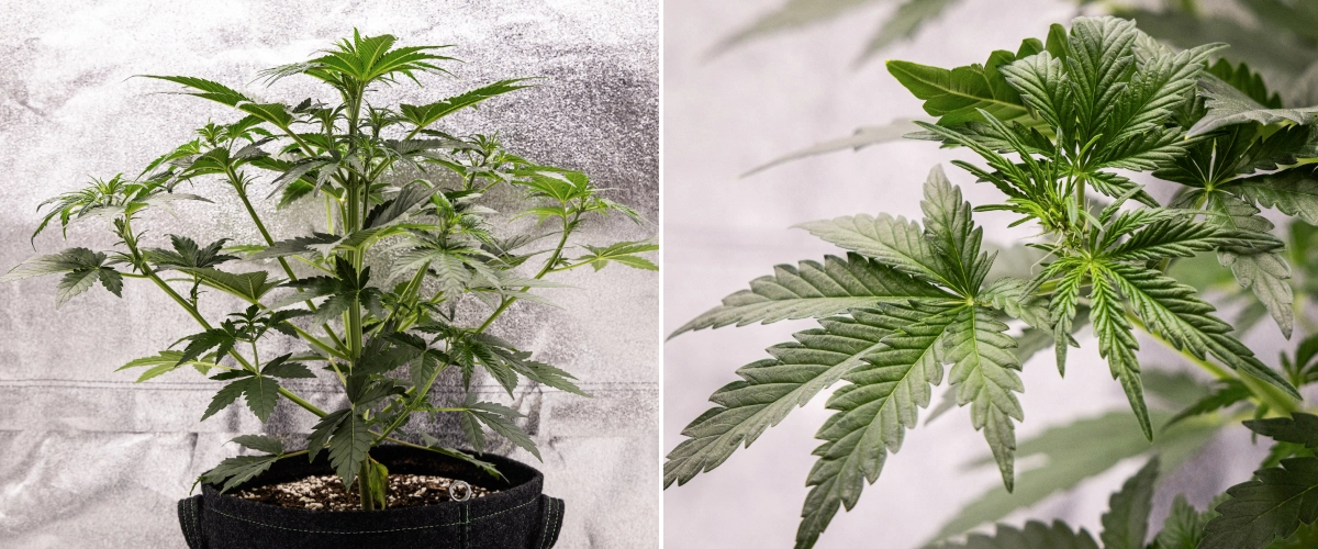 Royal Creamatic grow report: week 4, vroege bloei Royal Creamatic cannabisplant in week 4, met vroege bloei, gezond groen blad, verse stampers en sterke takontwikkeling.