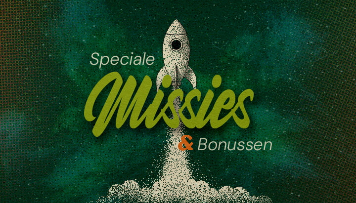 Aankondiging van Speciale Missies en Bonussen Een illustratie van een raket die de ruimte in schiet met de tekst