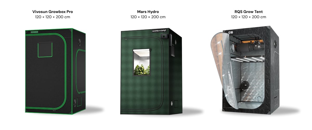 Drie kweektenten van 120 × 120 × 200 cm naast elkaar: Vivosun Growbox Pro, Mars Hydro en RQS Grow Tent