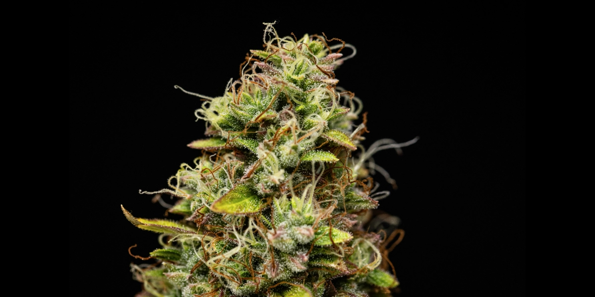 Wedding Cake Auto: sterke opbrengst zonder veel hoogte Wedding Cake Auto cannabistop met dichte harsrijke bloemen, oranje stampers, groene suikerblaadjes en compacte groei tegen een donkere achtergrond.