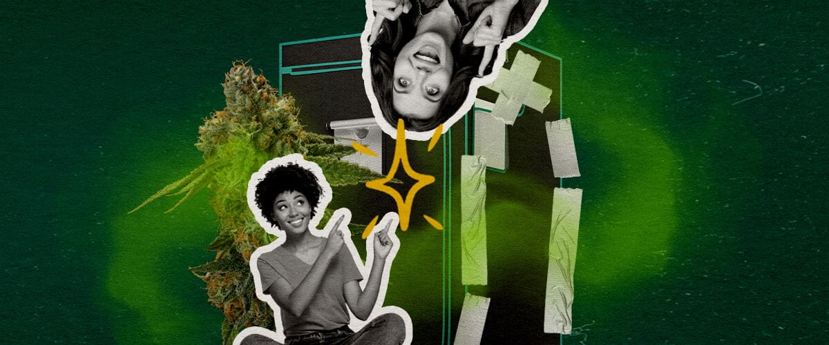 Een illustratie van cannabisbloemen met twee vrouwen en een growtent met plakband afgesloten, tegen een groene achtergrond, die onderzoekt wat een growtent geurdicht maakt.