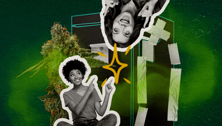 Een illustratie van cannabisbloemen met twee vrouwen en een growtent met plakband afgesloten, tegen een groene achtergrond, die onderzoekt wat een growtent geurdicht maakt.