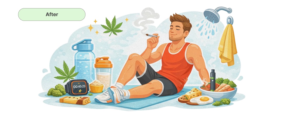 Illustratie van een hardloper die na de training ontspant met cannabis, met eten, hydratatie, douche en herstelbenodigdheden
