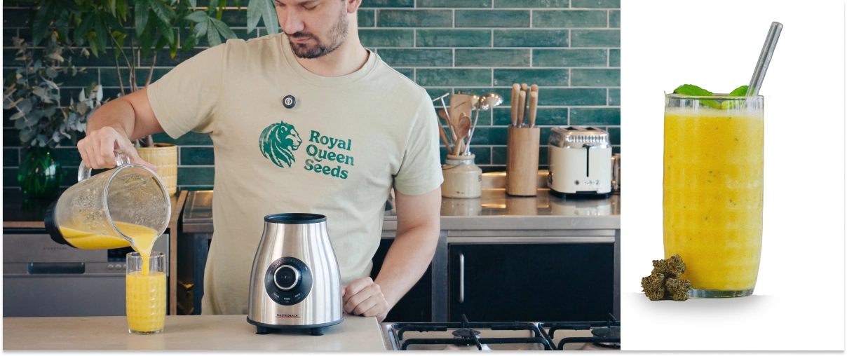 Het blenden van een mango-cannabissmoothie en het inschenken van de afgewerkte drank in een glas met een gladde, romige textuur.