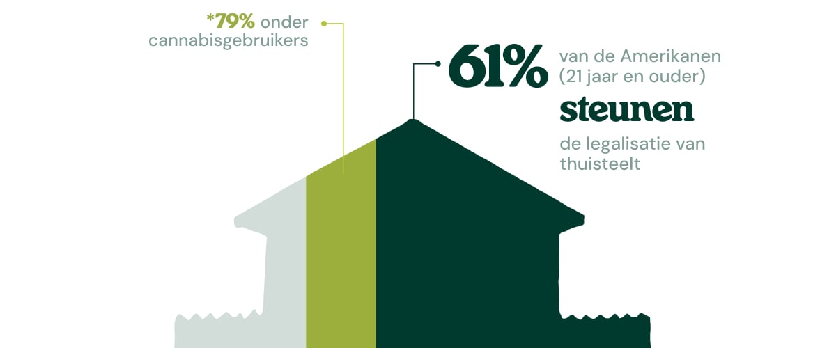 Infographic die laat zien dat 61% van de Amerikanen van 21 jaar en ouder legalisering van thuiskweek steunt, oplopend tot 79% onder cannabisconsumenten.
