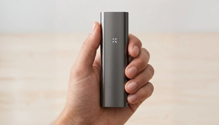 Productweergave van de PAX Four vaporizer in de hand PAX Four vaporizer vastgehouden in één hand, met zijn slanke matte behuizing, compacte formaat en led-bloembladindicator aan de voorkant