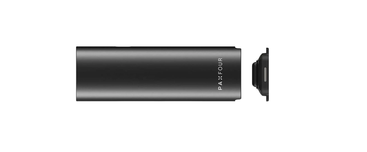 PAX Four vaporizer met verwijderde ovendeksel Zwarte PAX Four vaporizer horizontaal weergegeven met de ovendeksel verwijderd, met nadruk op de compacte behuizing en afneembare onderste kamer