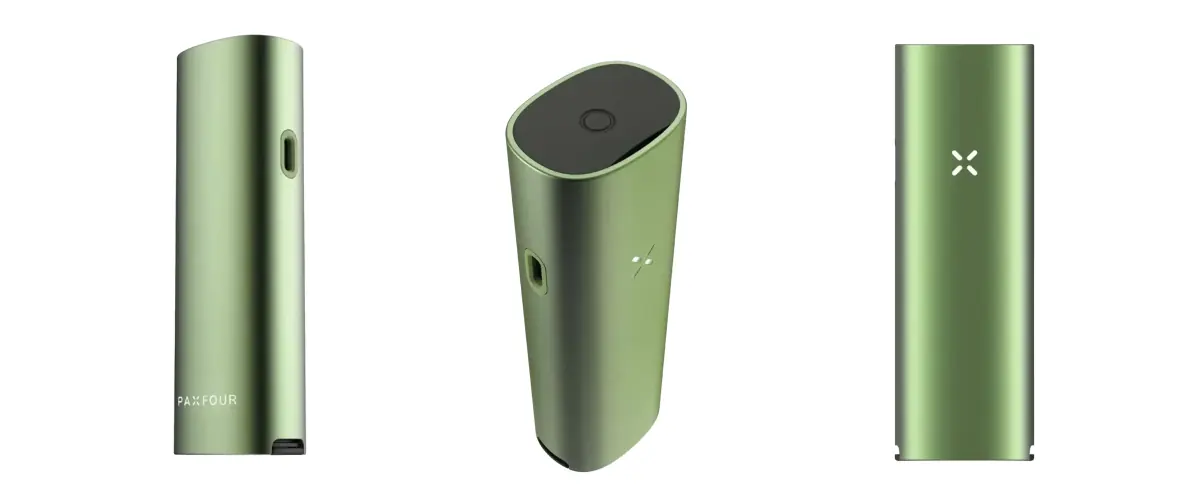 Productweergave van de groene PAX Four vaporizer Groene PAX Four vaporizer vanuit meerdere hoeken getoond, met zijn slanke ontwerp, mondstuk, aan-uitknop, led-bloembladindicator en compacte behuizing