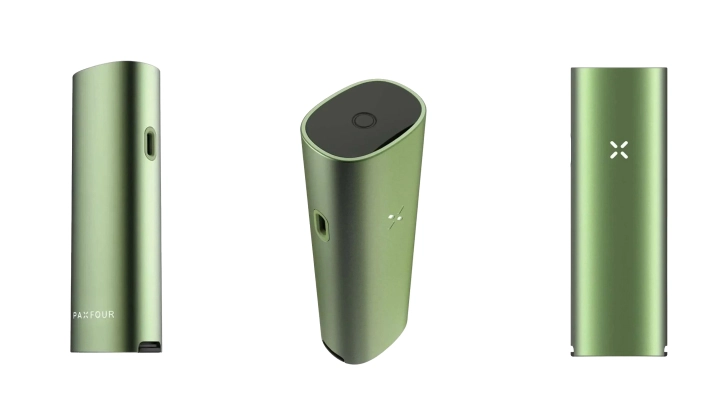 Productweergave van de groene PAX Four vaporizer Groene PAX Four vaporizer vanuit meerdere hoeken getoond, met zijn slanke ontwerp, mondstuk, aan-uitknop, led-bloembladindicator en compacte behuizing