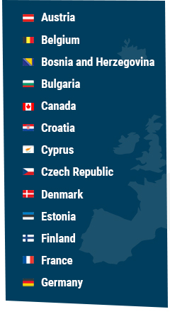 Austria, Belgium, Bosnia and Herzegovina, Bulgaria, Canada, Croatia, Cyprus, Czech Republic, Denmark, Estonia, Finland, France, Germany