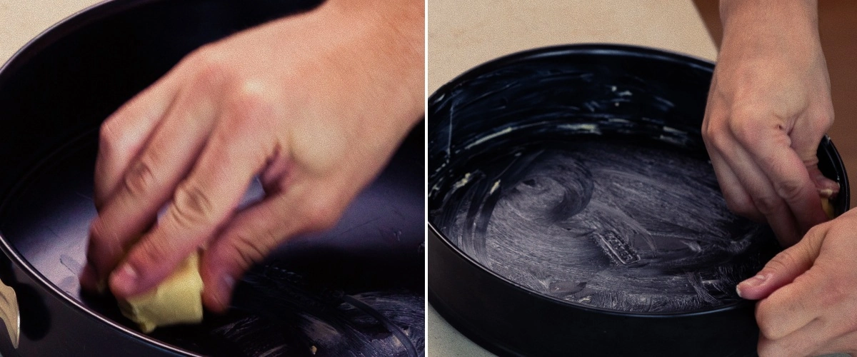 Een springvorm invetten met boter, eerste stap voor het bakken van een zelfgemaakte cannabis space cake