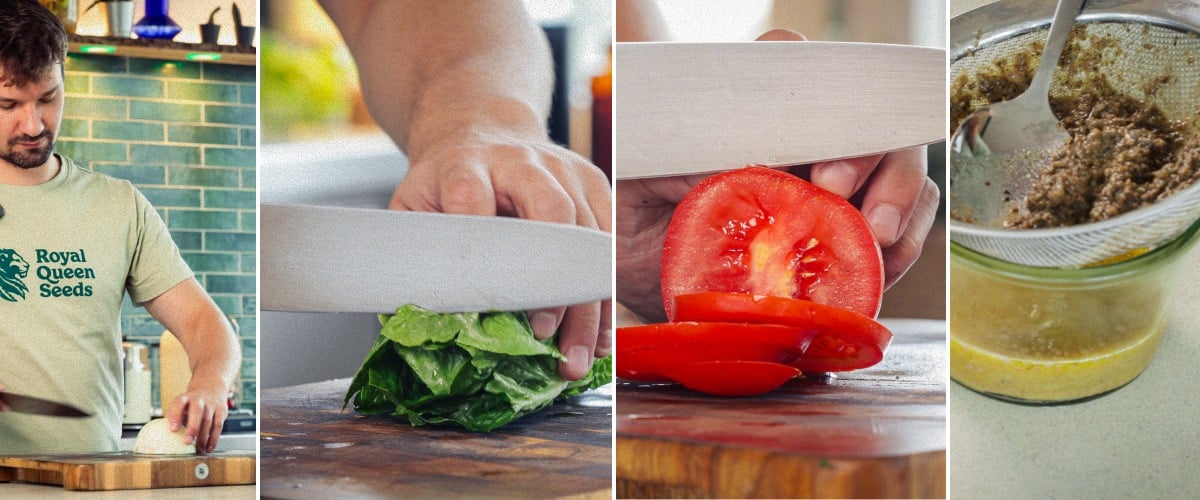 Burgeringrediënten voorbereiden door tomaat en sla te snijden, het gehakt te vormen en het geïnfuseerde broodje te verwarmen, eerste stap voor een cannabisburger