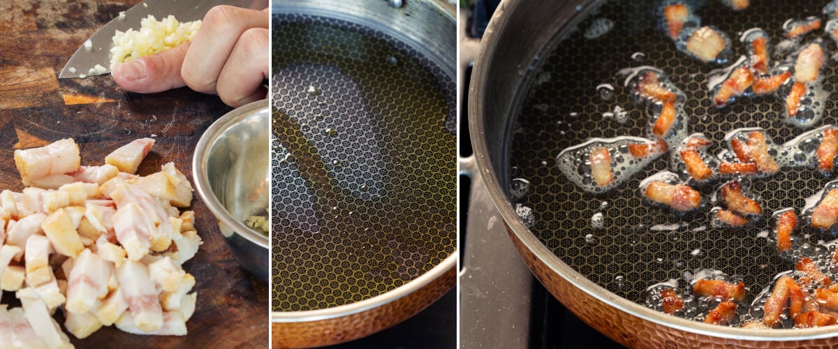 Blokjes pancetta die bakken in een pan met geïnfuseerde boter of olijfolie, tweede stap voor cannabis-geïnfuseerde carbonara