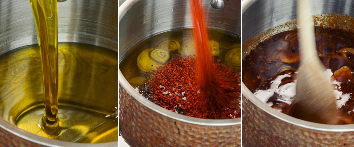 Stap 2: Olie Verwarmen en Infuseren met Cannabis en Chili Olijfolie verwarmen en chilivlokken, aromaten en gedecarboxyleerde cannabis toevoegen in een pan om chili-cannabisolie te infuseren