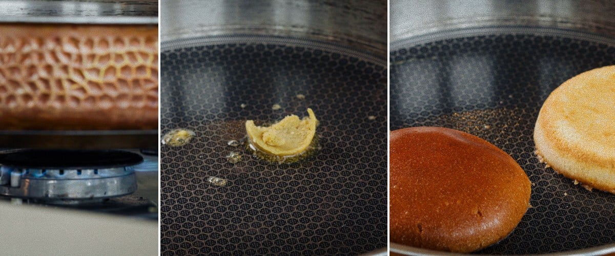 Hamburgerbroodjes infuseren door ze te roosteren in cannabisboter in een pan, tweede stap voor het maken van een cannabisburger