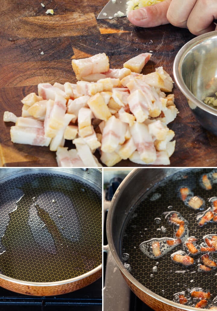 Blokjes pancetta die bakken in een pan met geïnfuseerde boter of olijfolie, tweede stap voor cannabis-geïnfuseerde carbonara